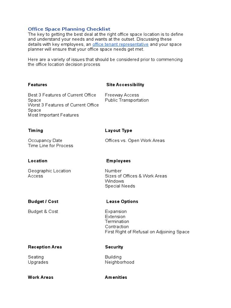 Office Space Planning Checklist Lease Technology