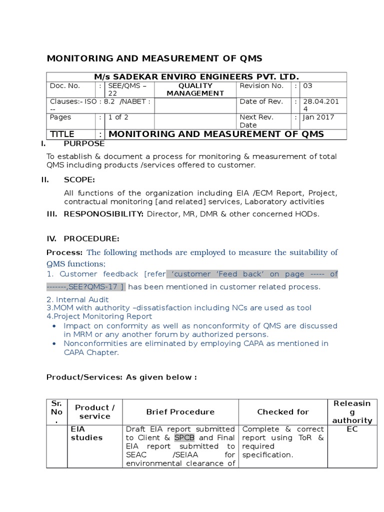 QMS Monitoring and Measurement Procedures | PDF | Verification And ...