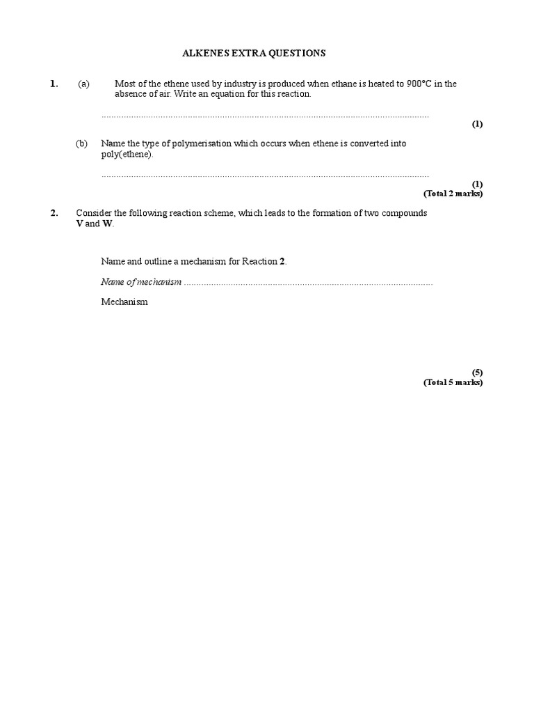 Alkene Extra Exam Questions | PDF | Alkene | Isomer
