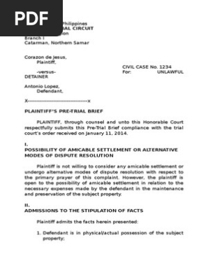 Sample Civil Case Pre-trial Brief