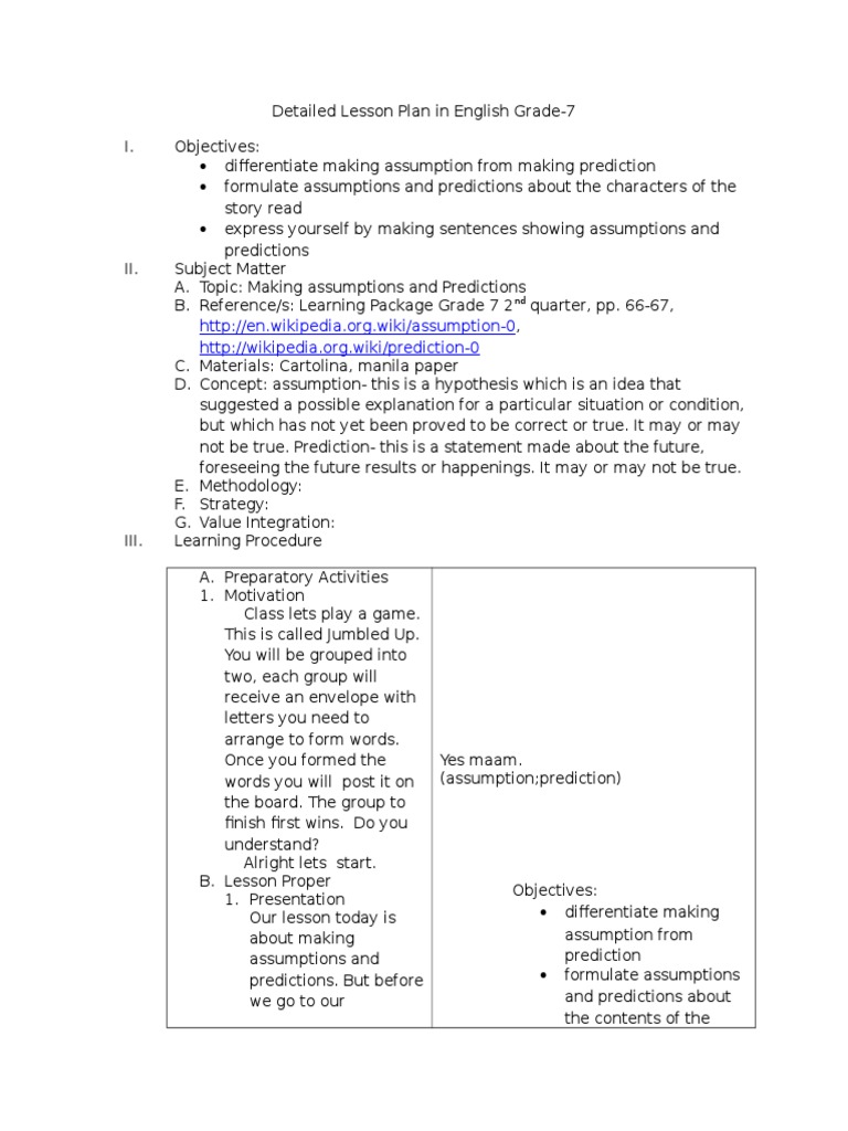 Grade 7 Lesson Plan: Predictions & Assumptions | PDF | Lesson Plan ...