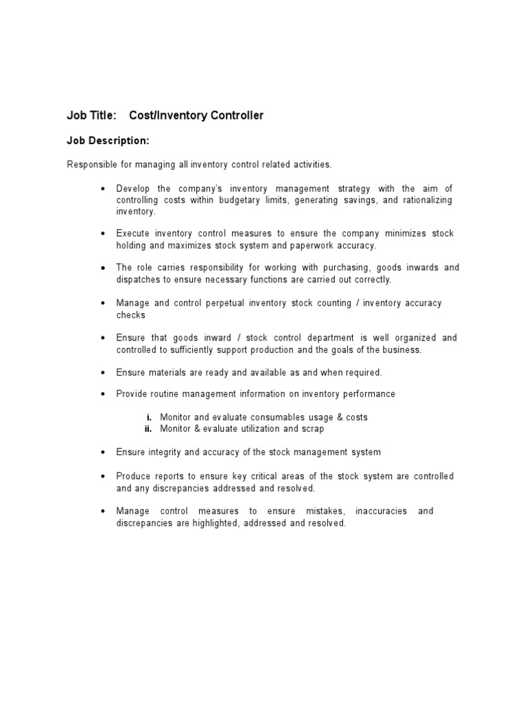 Cost/Inventory Controller Job Description | PDF | Finance & Money ...