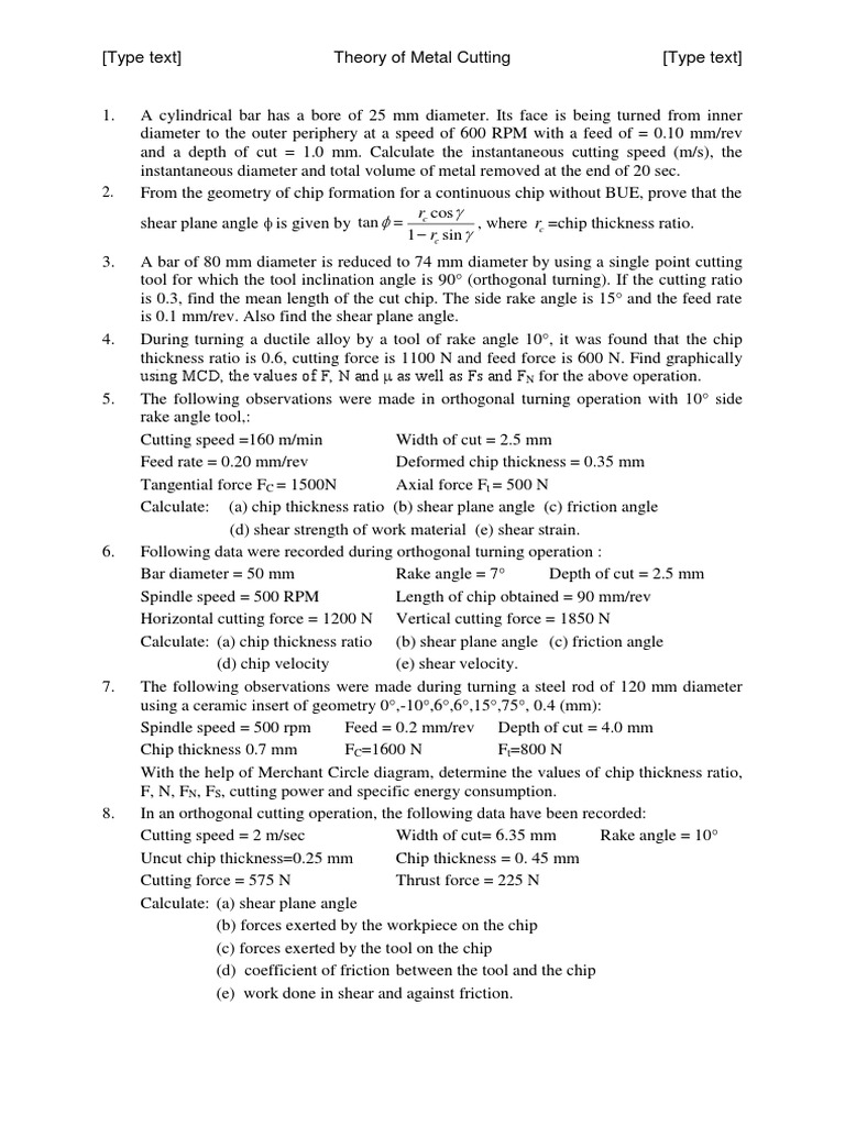 Theory of Metal Cutting - Numericals | PDF | Classical Mechanics ...