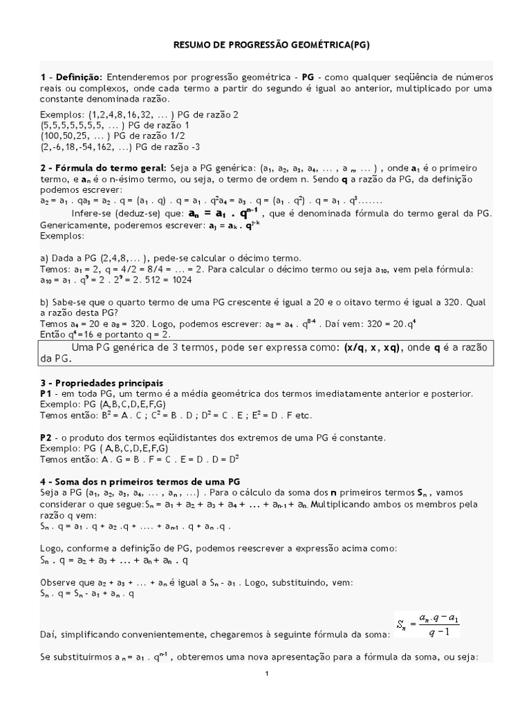 Resumo de Progressão Geométrica (PG) | PDF | Matemática elementar ...