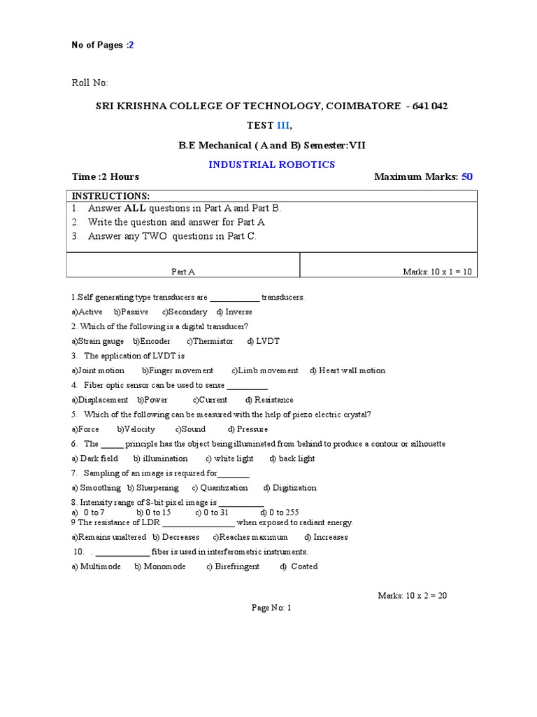 Robotics Exam for Engineering Students | PDF