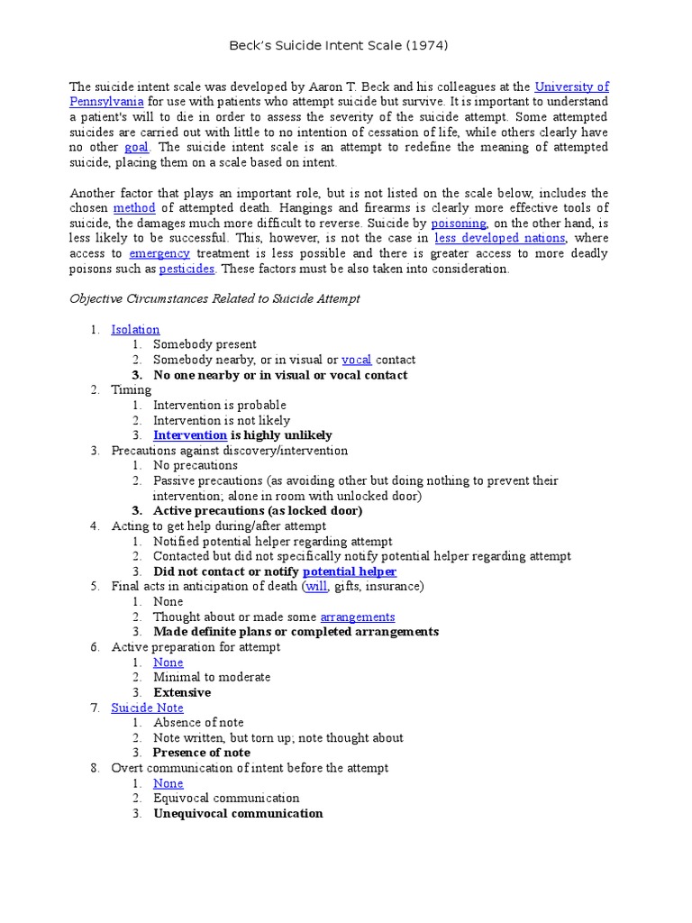 Suicidal Risk Assessment - Becks Suicide Intent Scale | PDF | Suicide ...