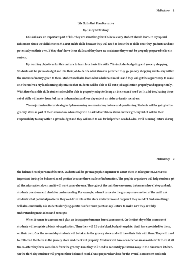 Life Skills Unit Plan PDF Grocery Store Educational Assessment