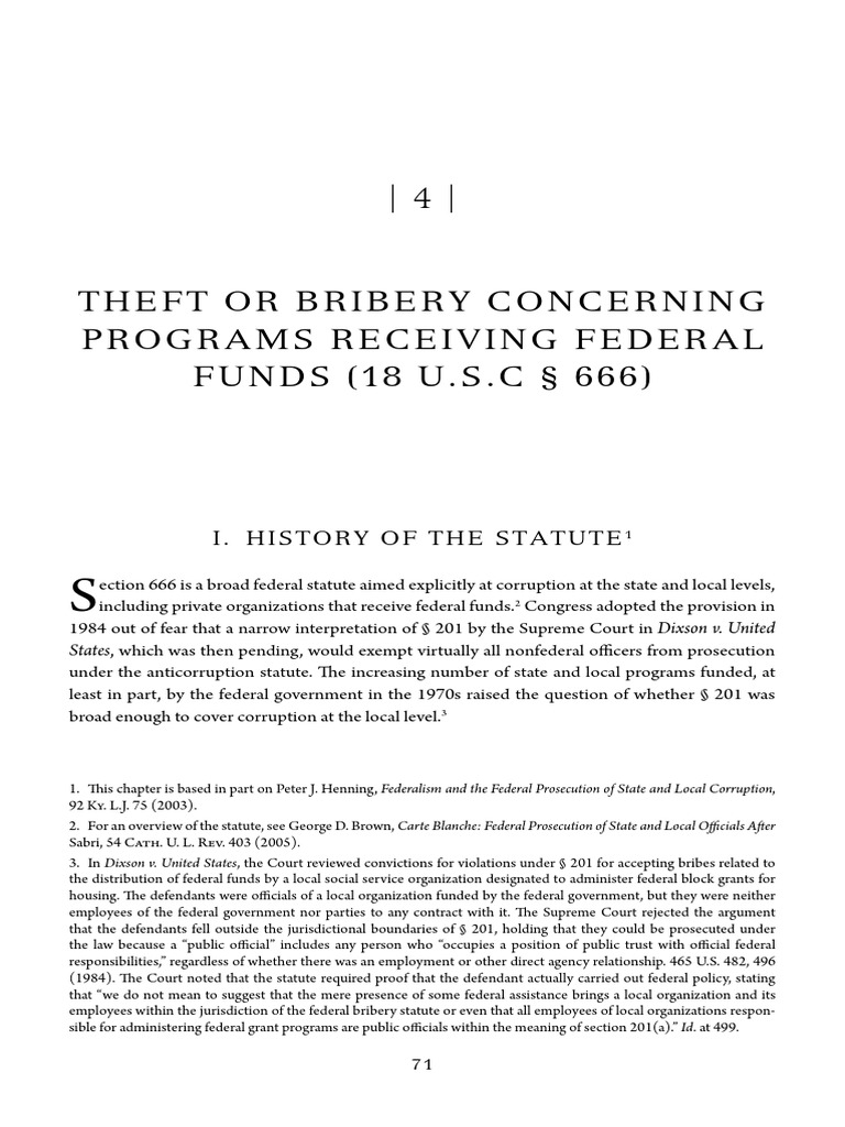 Theft Or Bribery Concerning Programs Receiving Federal Funds 18 Usc 666 Criminal Law