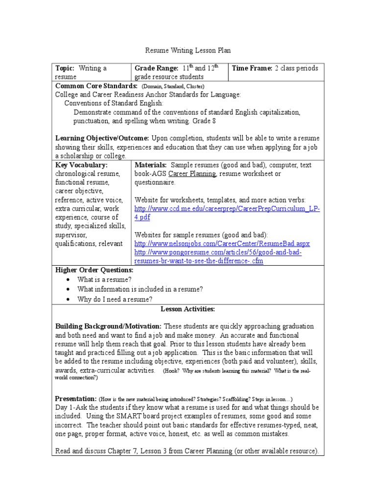 lesson plan for writing a resume