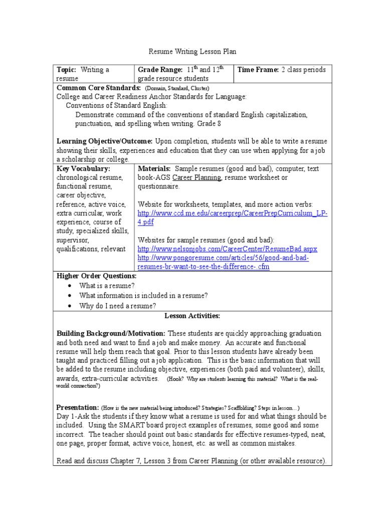 lesson plan for resume writing