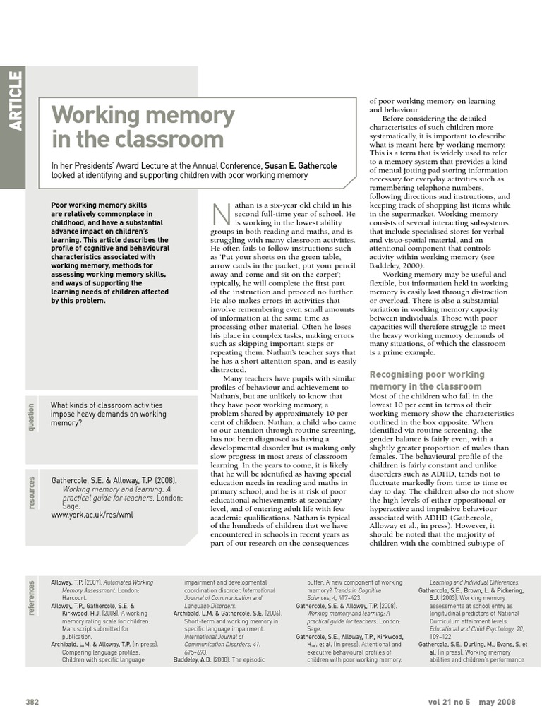 Working Memory in Classroom Learning | PDF | Working Memory | Wechsler ...