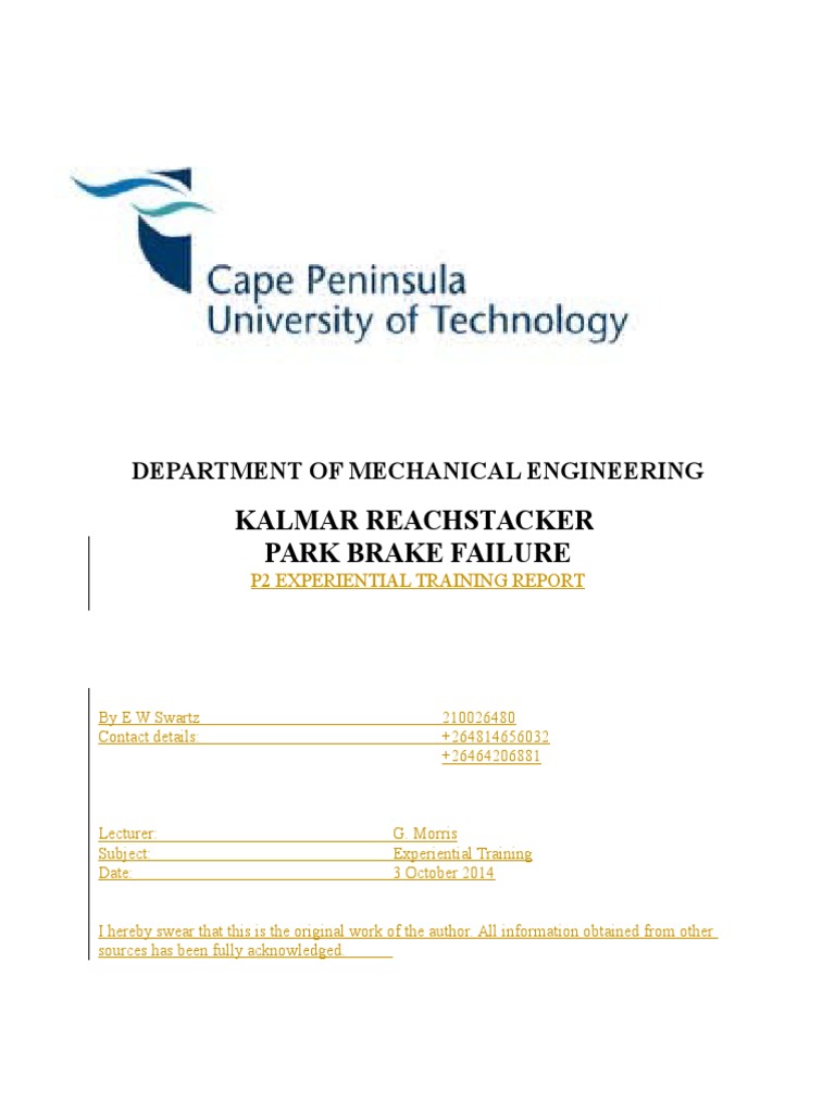 Kalmar Reachstacker Park Brake Failure Report | PDF | Pump | Valve