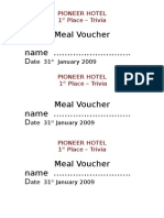 Meal Voucher Name .: Pioneer Hotel 1 Place - Trivia