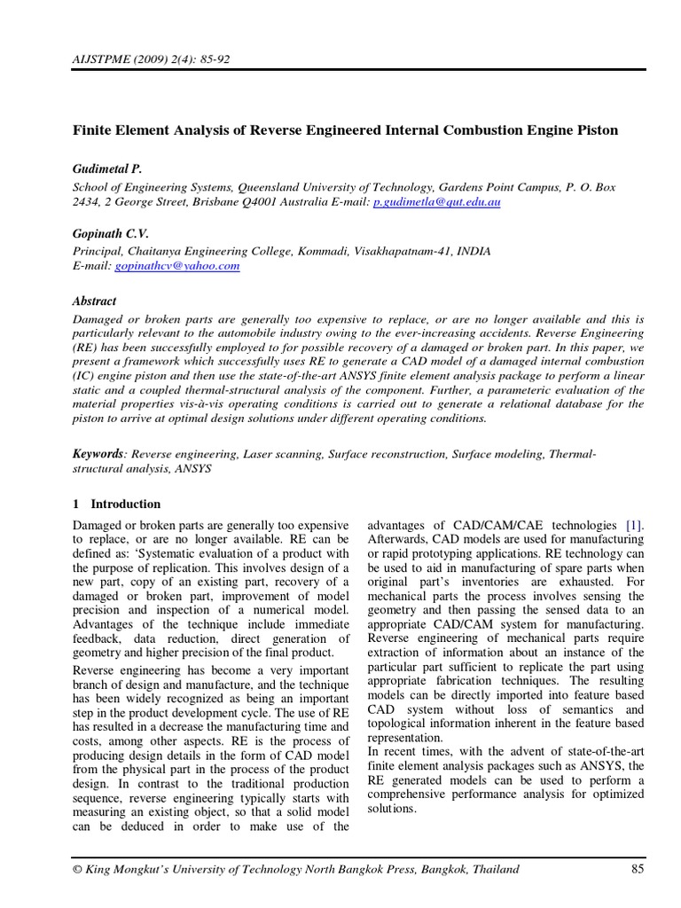 Finite Element Analysis of Reverse Engineered Internal Combustion ...