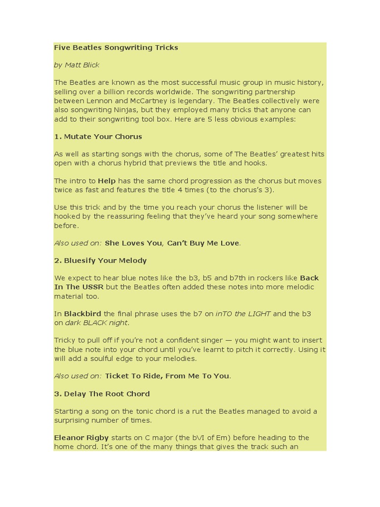 Five Beatles Songwriting Tricks Download Free Pdf The Beatles