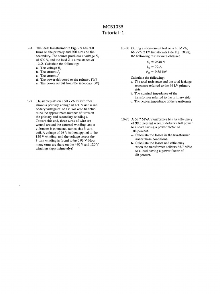 Electrical Power and Machines - Tutorial2 | PDF