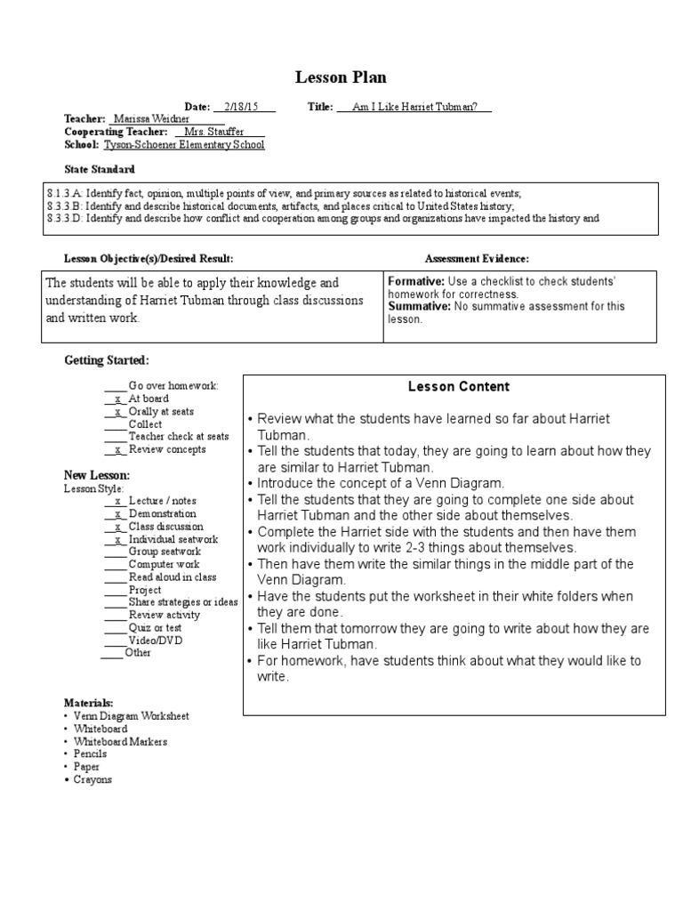 Worksheets Harriet Tubman Worksheets harriet tubman day 3 lesson educational assessment plan