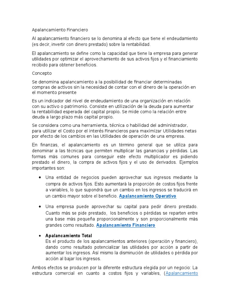Tipos y Riesgos del Apalancamiento Financiero | PDF | Apalancamiento ...