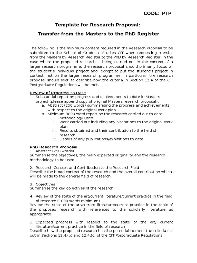 Template For Research Proposal For Transfer To Phd Register Ptp Doctor Of Philosophy Postgraduate Education