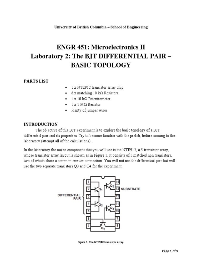 ENGR 451 Lab 2 BJT Differential Pair PDF Bipolar Junction
