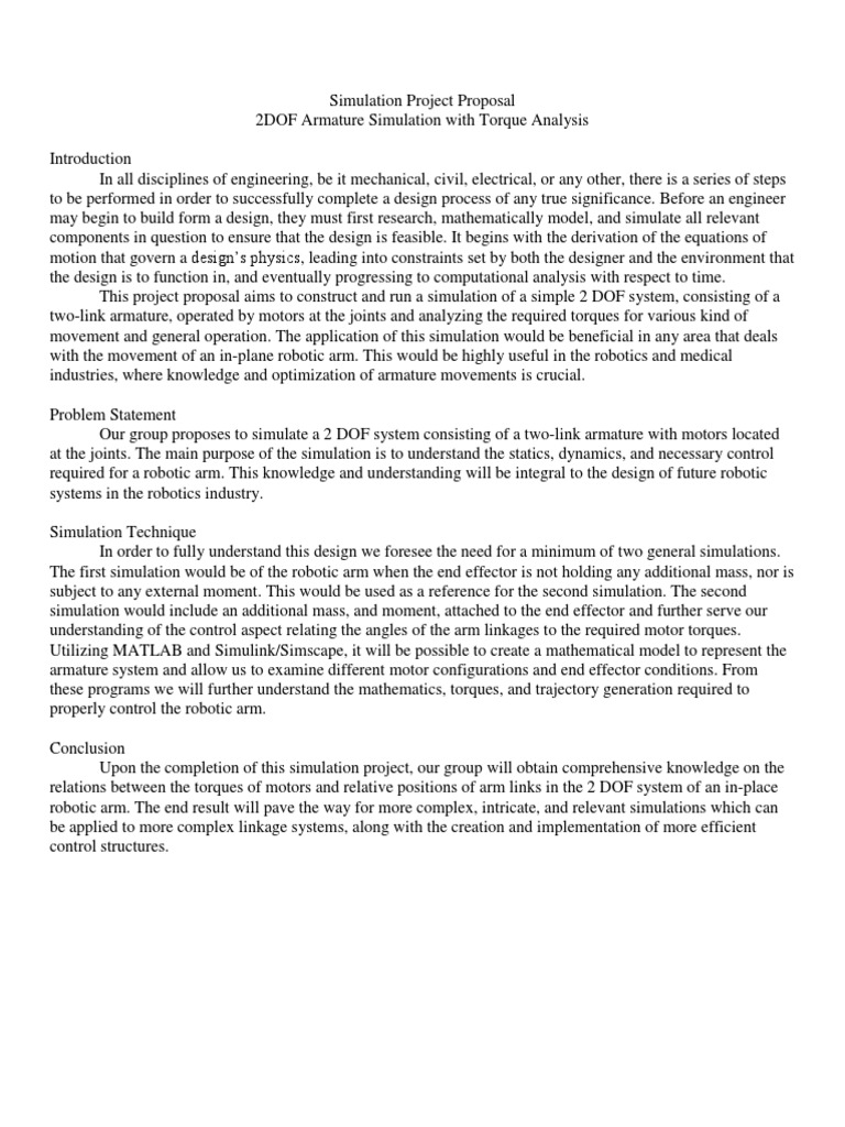 2DOF Armature Simulation Proposal | PDF | Robotics | Simulation