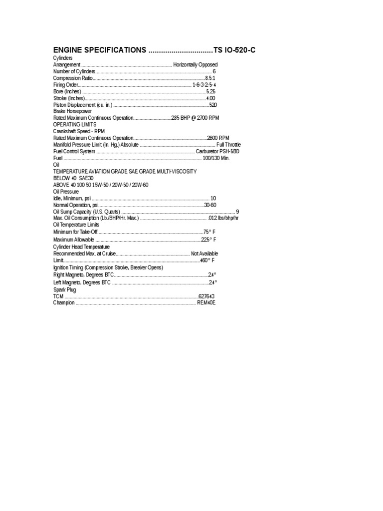 TS IO-520-C Engine Specifications | PDF