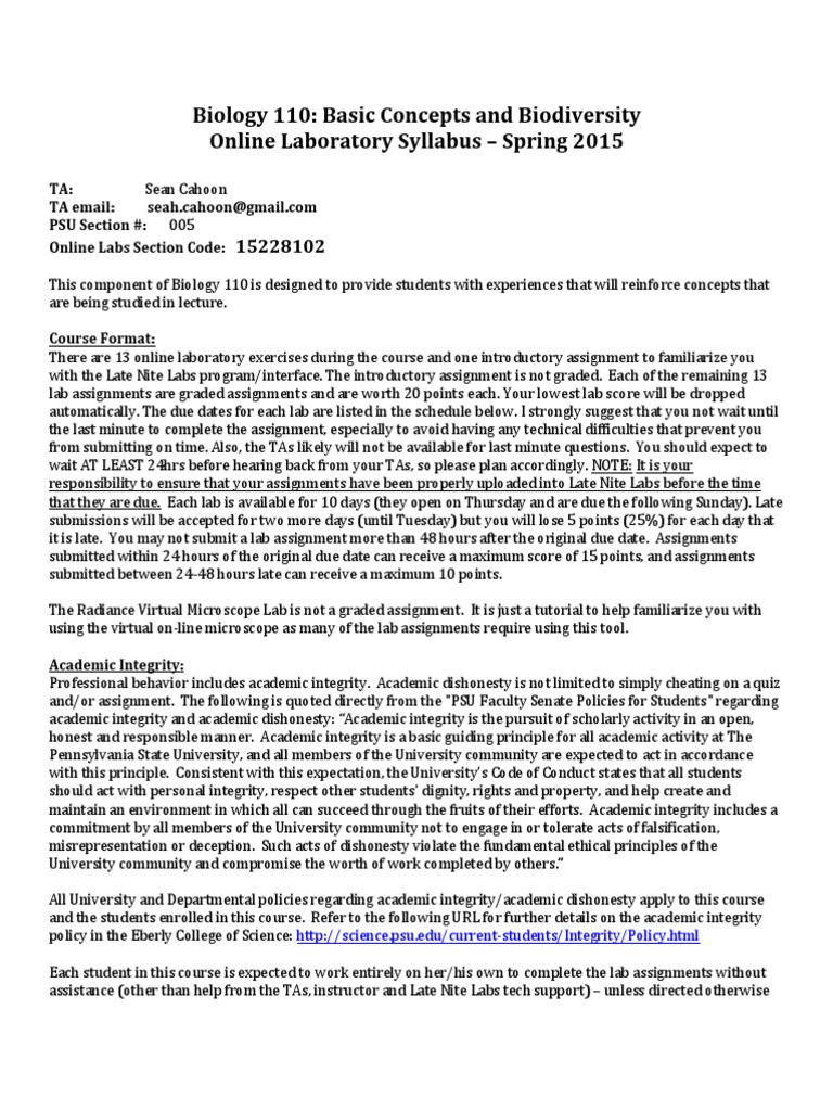 Bio110Sp15 Lab Syllabus Sec005 PDF Syllabus