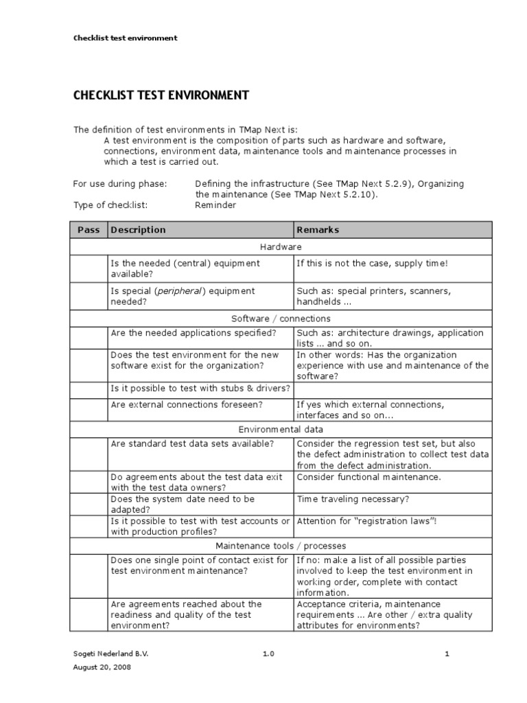 Checklist Test Environment Computer Hardware Software