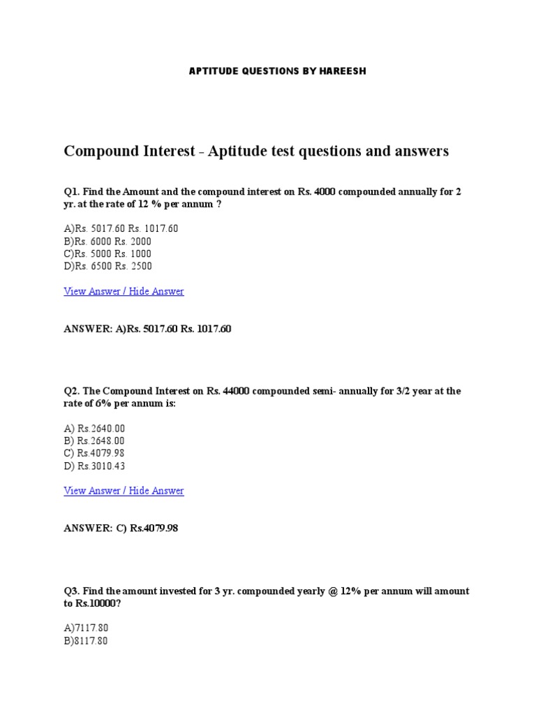 Compound Interest Aptitude Test Questions And Answers