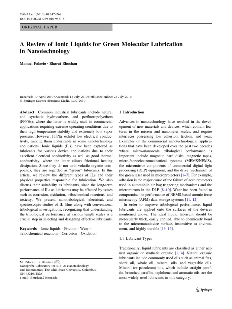 A Review of Ionic Liquids For Green Molecular Lubrication in ...