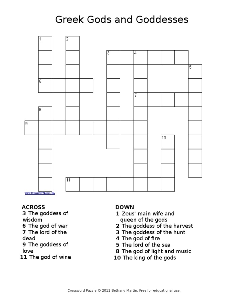 Greek Gods and Goddesses Crossword PDF
