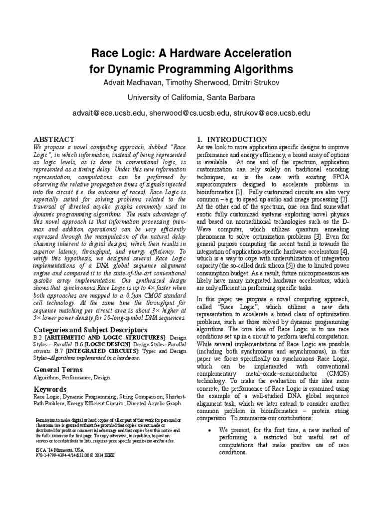 Race Logic: A Hardware Acceleration For Dynamic Programming Algorithms ...