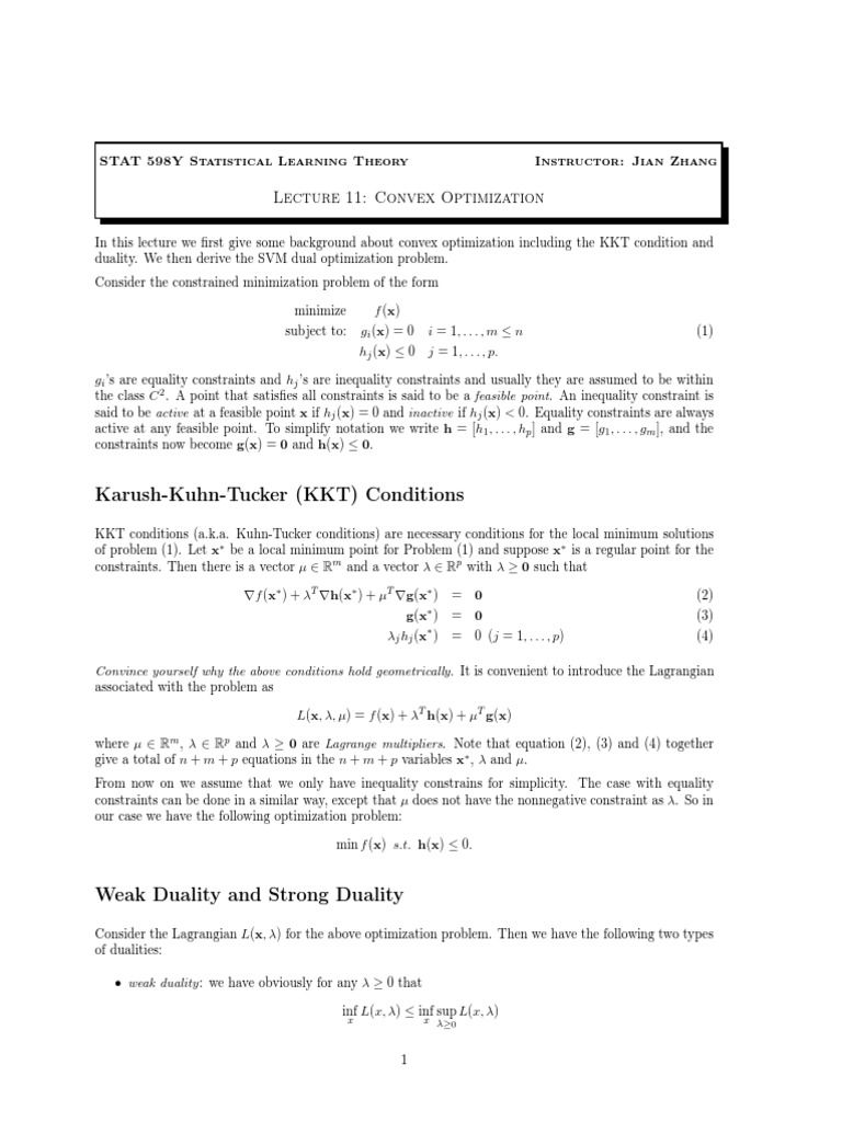 KarushKuhnTucker (KKT) Conditions Lecture 11 Convex Optimization PDF Mathematical