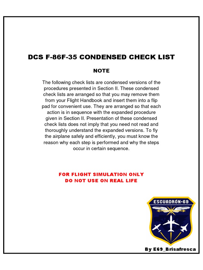 F-86F Flight Checklist for Pilots | PDF | Landing Gear | Switch