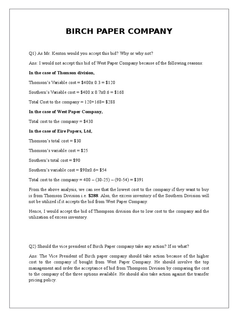 Birch Paper Company Assignment 1 PDF Market (Economics