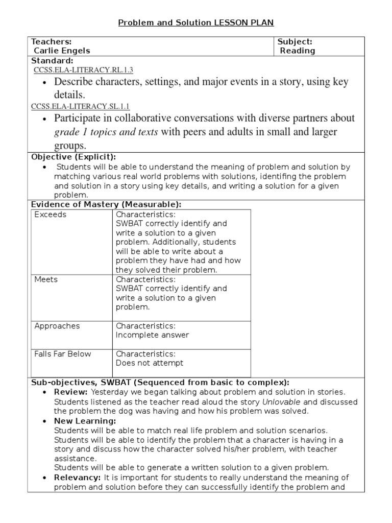 Problem And Solution Lesson Plan Lesson Plan Learning