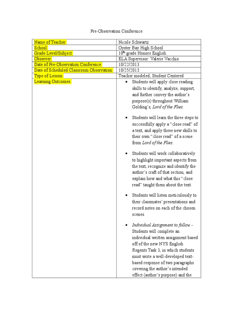 Pre-Observation Conference for Honors English | PDF | Educational ...
