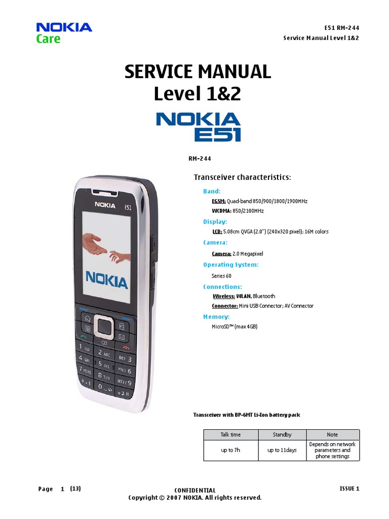 Nokia E51 Service Manual Level 1 2 | Battery (Electricity) | Electrostatic  Discharge