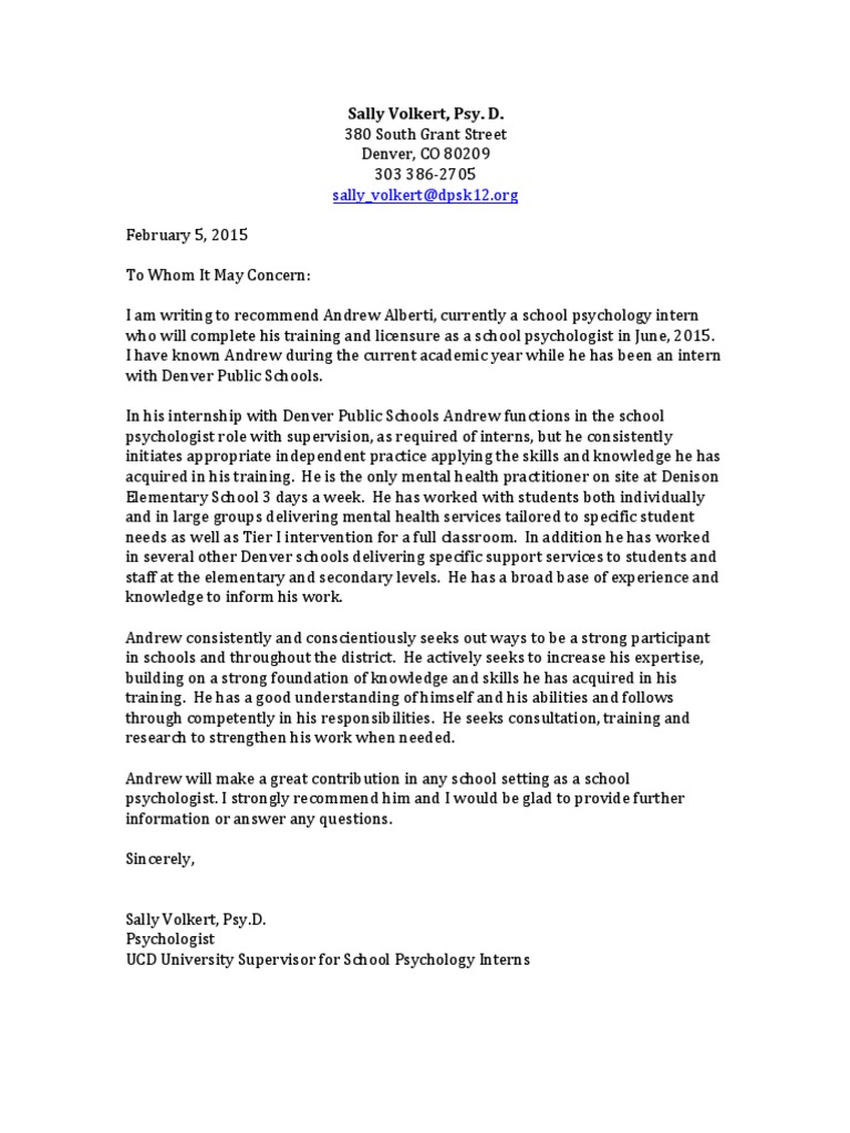 Letter Of Rec Sally Volkert Psy D Internship Pedagogy