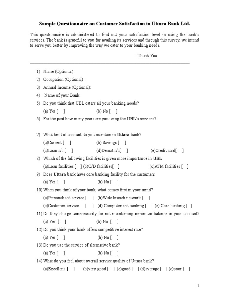Sample Questionnaire On Customer Satisfaction In Banks Banks