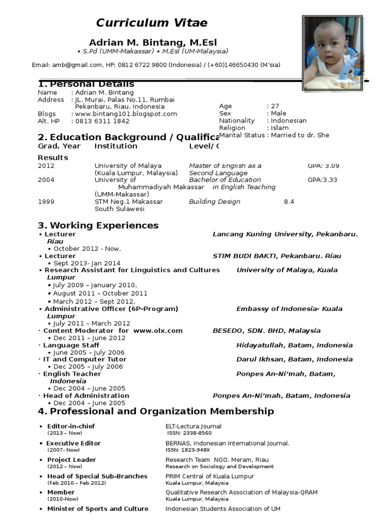 Contoh Curriculum Vitae Pdf Malaysia Indonesia