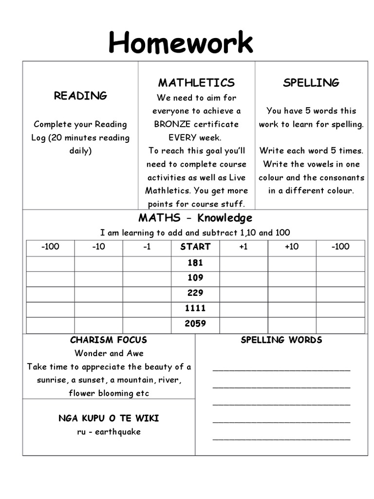 Homework: Reading Mathletics Spelling | PDF