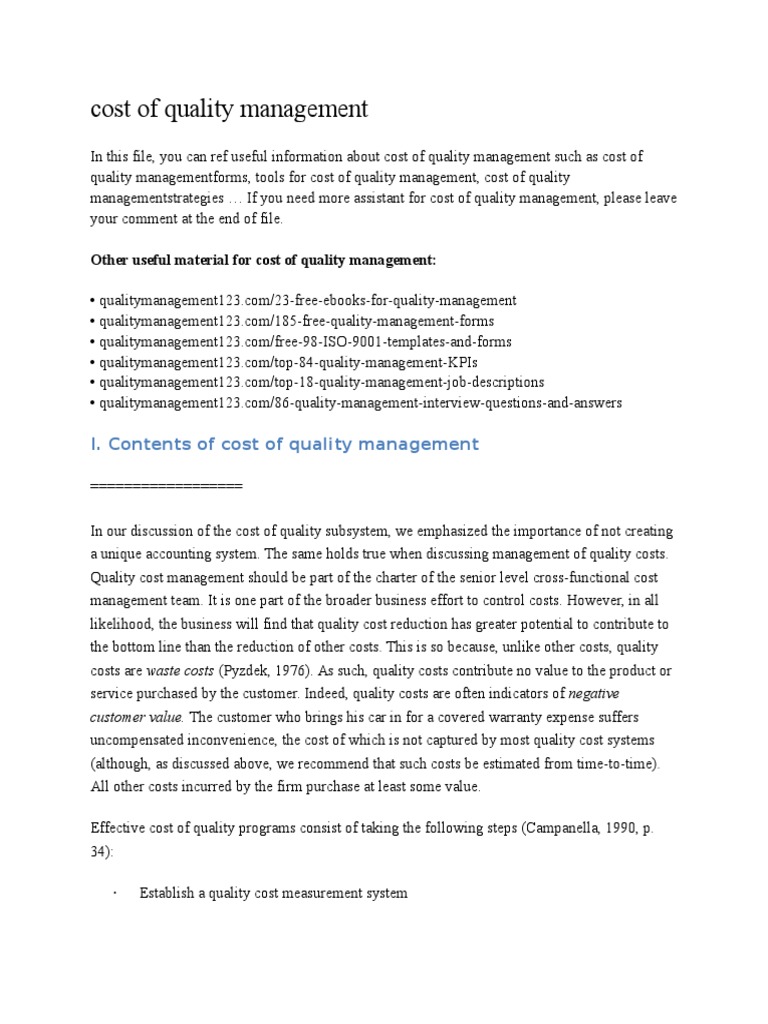 Cost of Quality Management PDF Scatter Plot Histogram