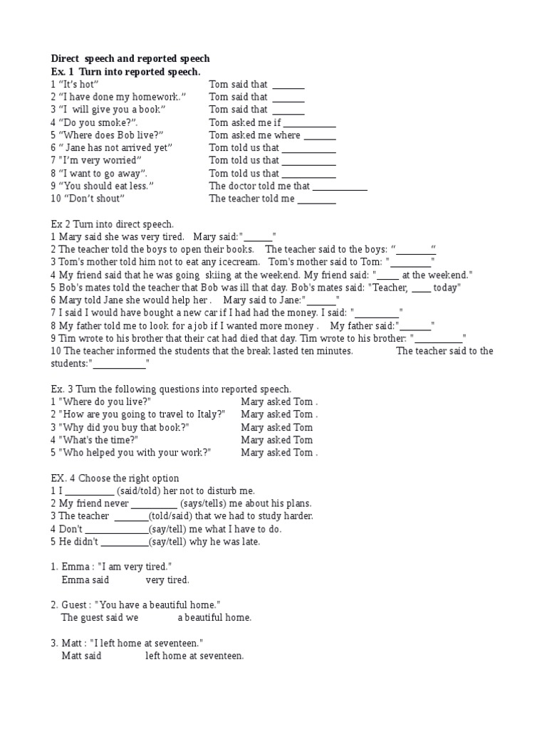Direct and Indirect Speech Exercises | PDF