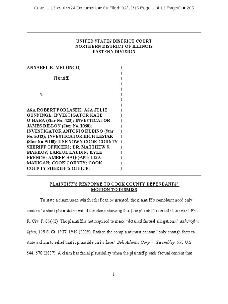 2/13/15 Plaintiff's Response To Cook County Motion To Dismiss (Melongo v. Podlasek Et Al) PDF