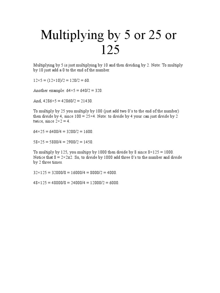 Multiplying by 5 or 25 Or125 | PDF