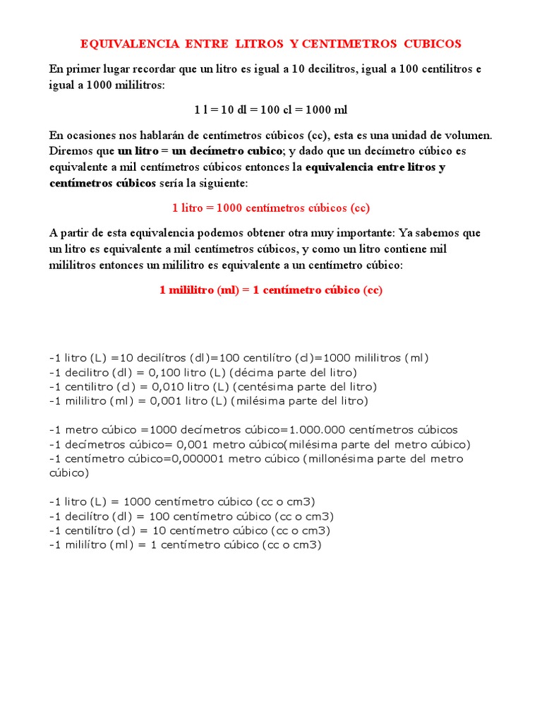 Centimetros Cubicos Y Mililitros Es Lo Mismo Equivalencia Entre Litros y Centimetros Cubicos | PDF