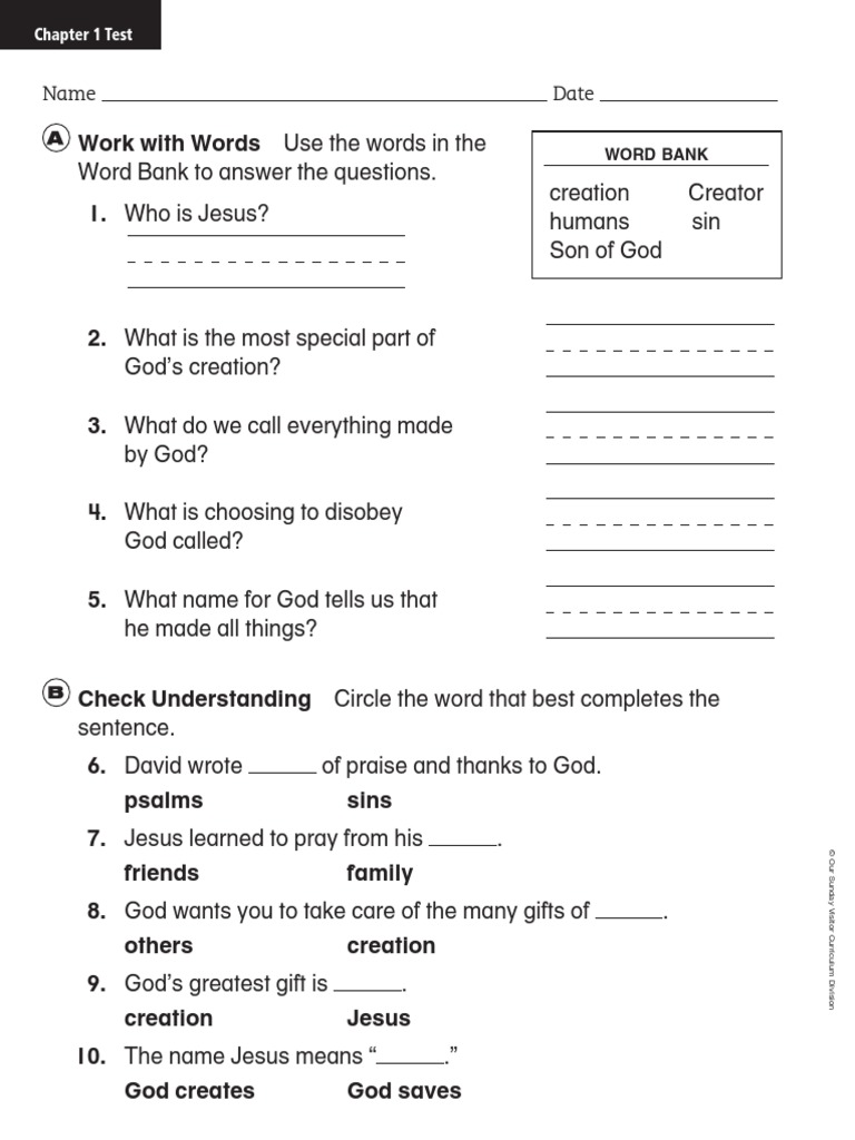Religion Grade 2 Chapter Test Mass (Liturgy) Eucharist