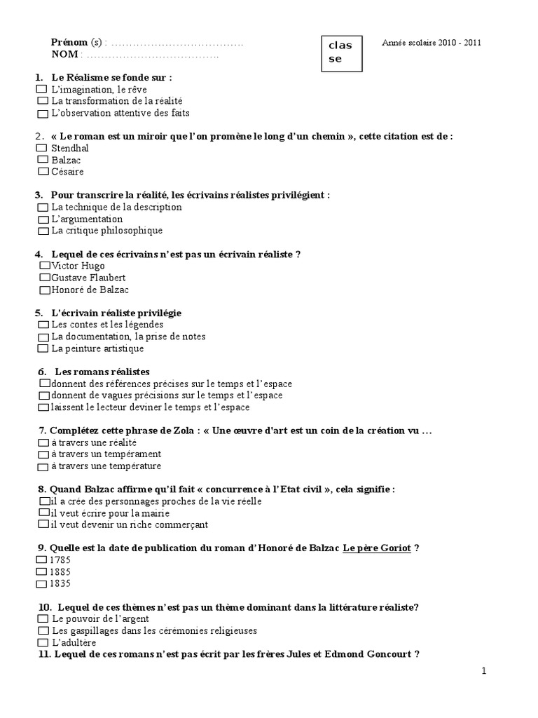 Qcm Realisme Naturalisme Lycee