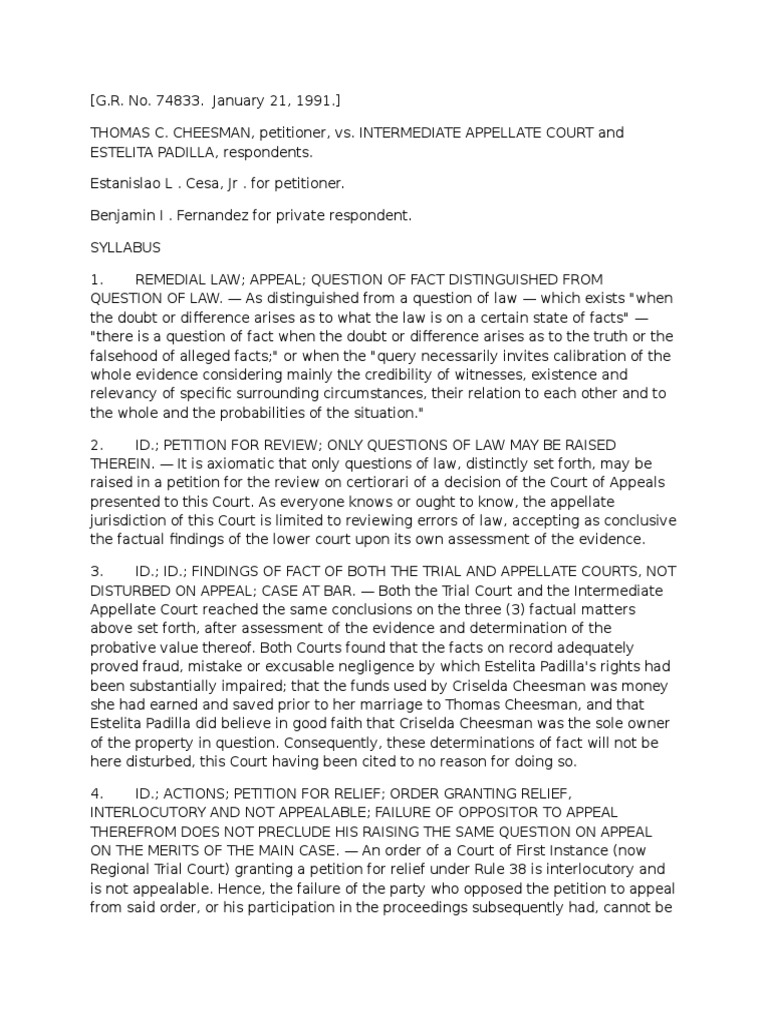 Cheesman vs. Padilla: Property Dispute | PDF | Judgment (Law) | Appeal